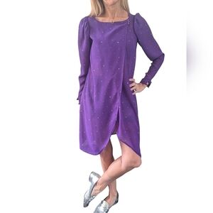 Vintage Jody California 1980s Purple Sheer Wrap Puff Sleeve Sheath Retro Dress